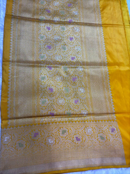 Mustard Yellow Pure Katan Silk Banarasi Saree with Silver Zari Jaal and Meenakari Accents
