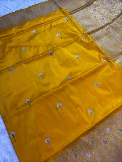 Mustard Yellow Pure Katan Silk Banarasi Saree with Silver Zari Jaal and Meenakari Accents