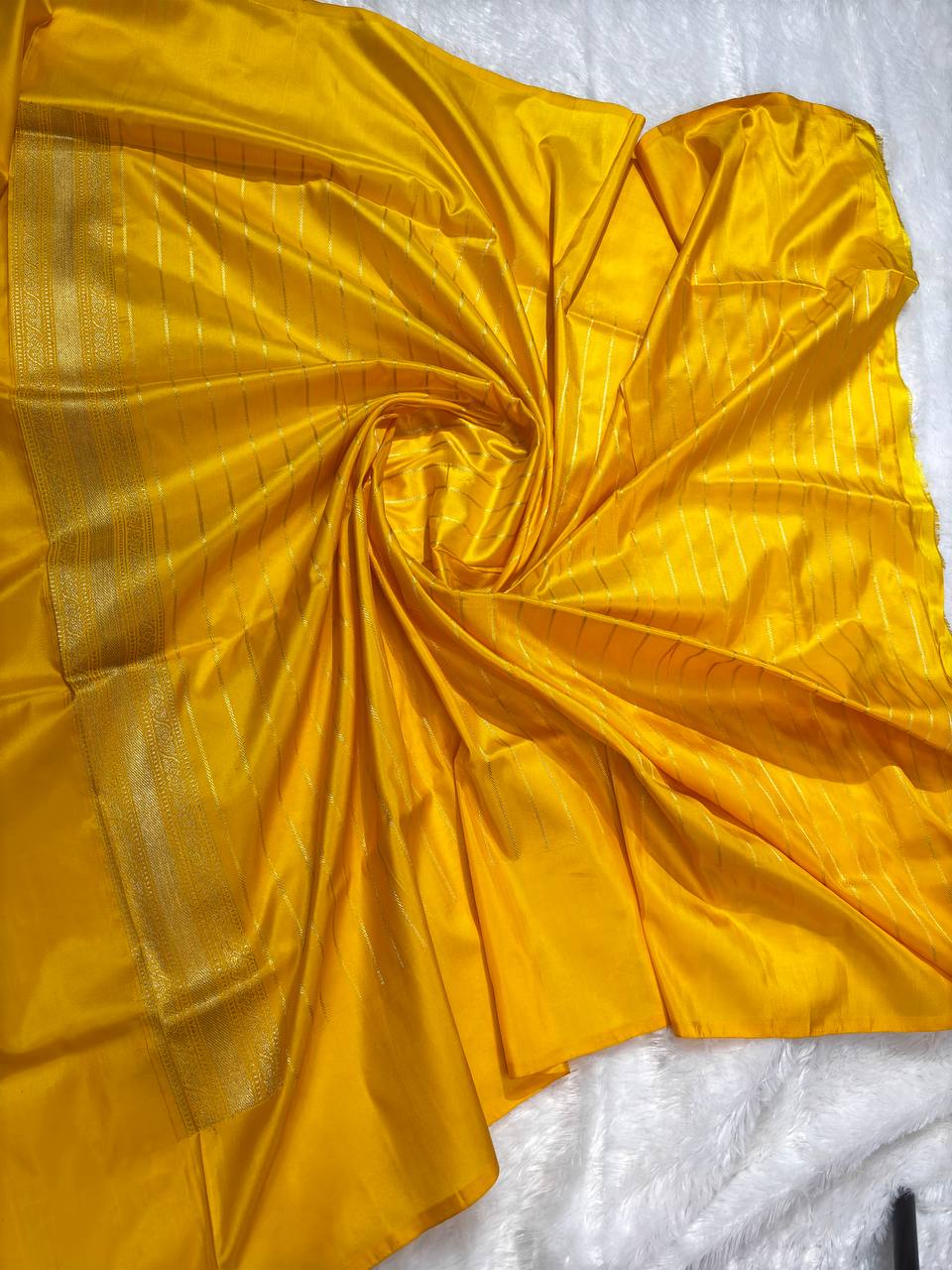 Mustard Yellow Pure Katan Silk Banarasi Saree with Silver Zari Jaal and Meenakari Accents