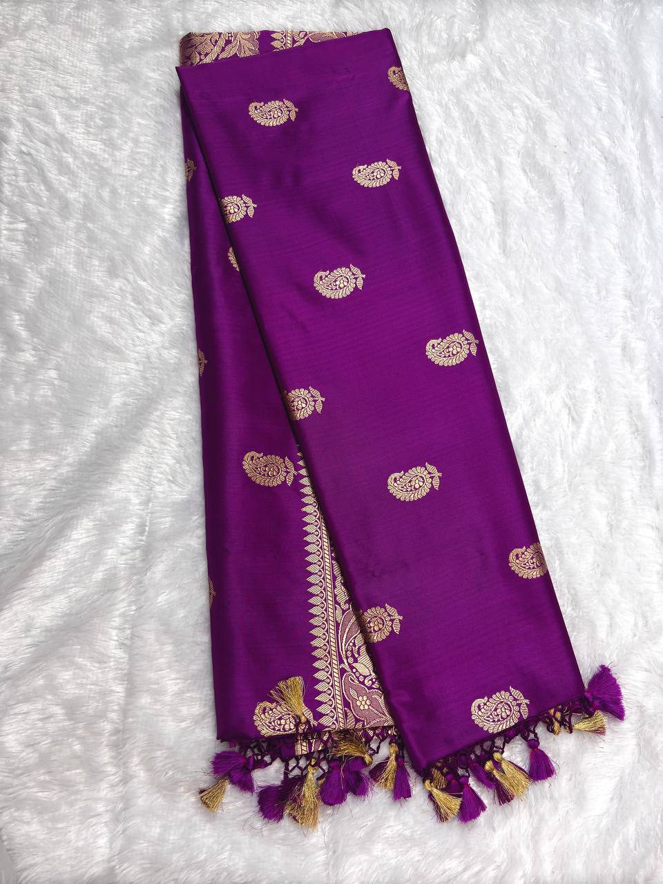 Purple-Violet Pure Katan Silk Banarasi Saree with Antique Zari Kalka Butis