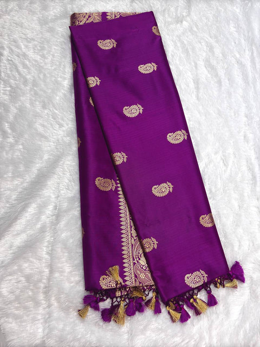 Purple-Violet Pure Katan Silk Banarasi Saree with Antique Zari Kalka Butis