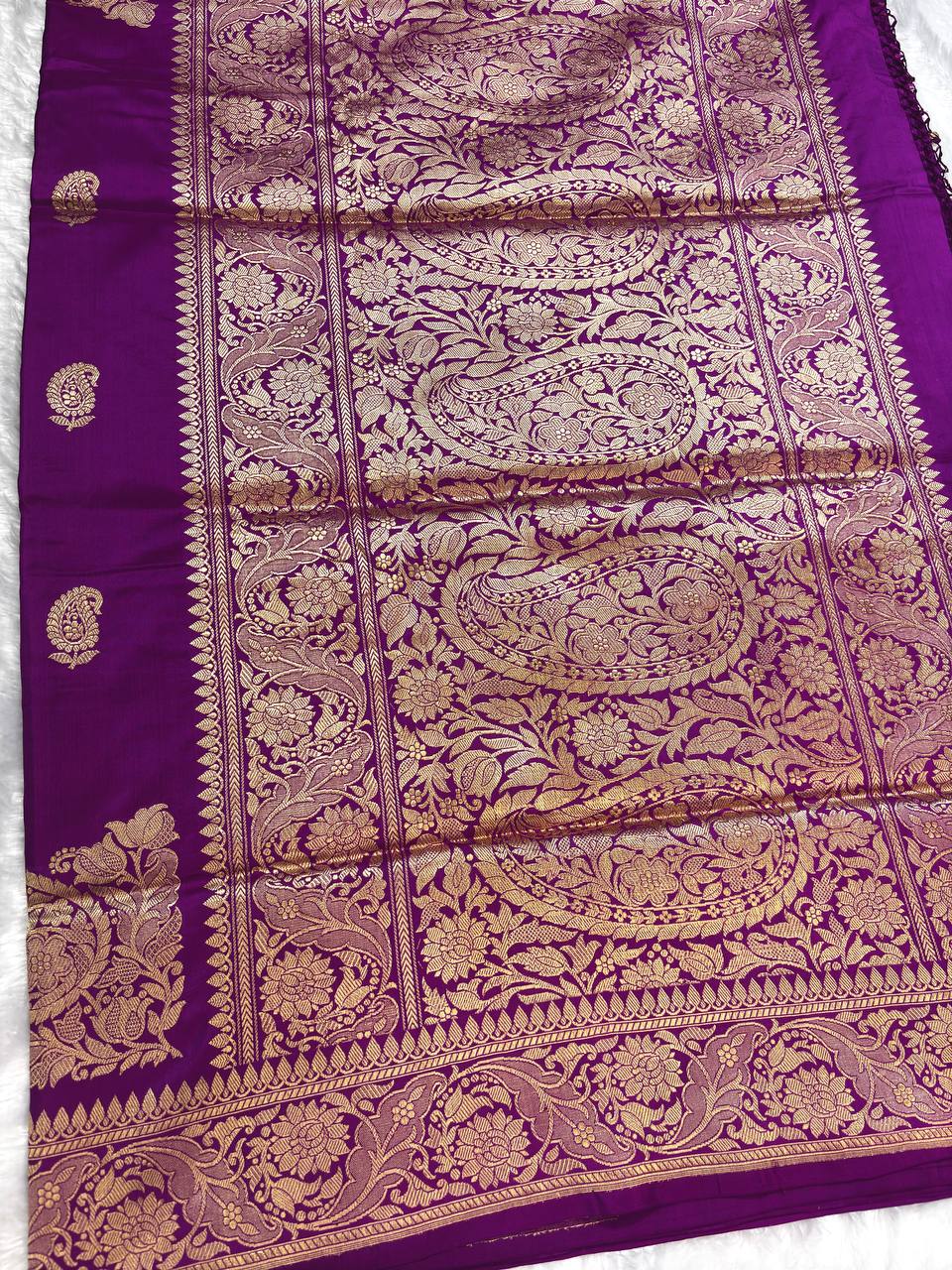Purple-Violet Pure Katan Silk Banarasi Saree with Antique Zari Kalka Butis