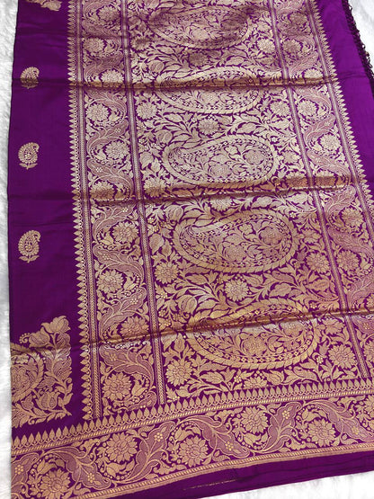 Purple-Violet Pure Katan Silk Banarasi Saree with Antique Zari Kalka Butis