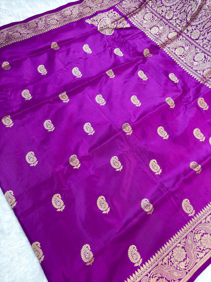 Purple-Violet Pure Katan Silk Banarasi Saree with Antique Zari Kalka Butis