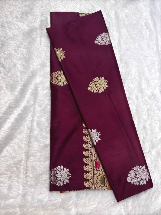 Wine Maroon Pure Katan Silk Saree with Sona-Rupa Floral Butas and Meenakari Border