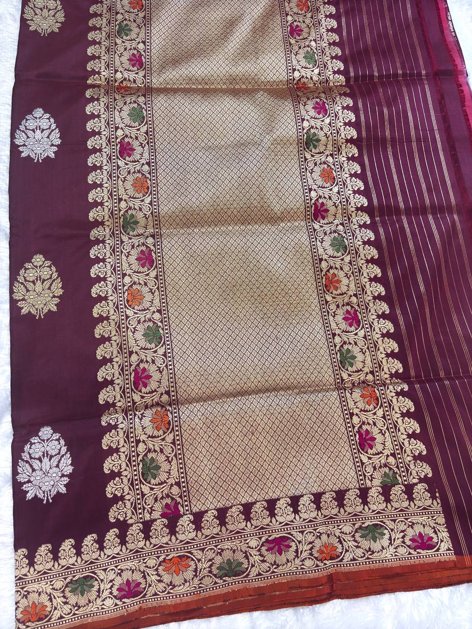 Wine Maroon Pure Katan Silk Saree with Sona-Rupa Floral Butas and Meenakari Border
