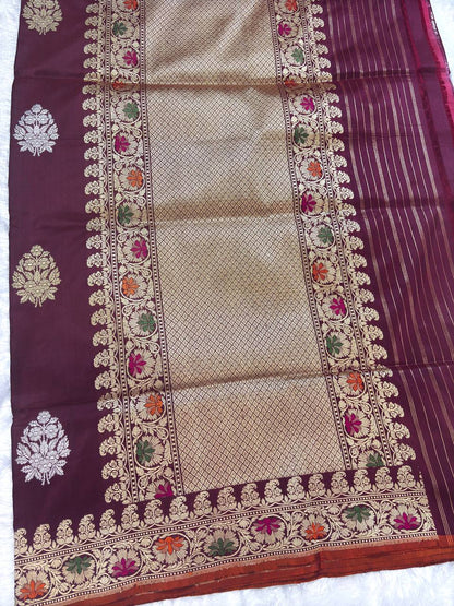 Wine Maroon Pure Katan Silk Saree with Sona-Rupa Floral Butas and Meenakari Border