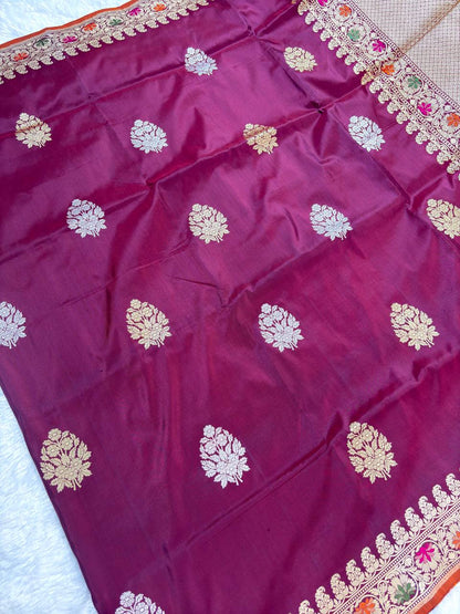 Wine Maroon Pure Katan Silk Saree with Sona-Rupa Floral Butas and Meenakari Border
