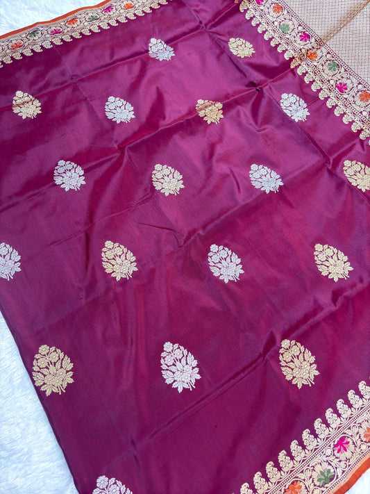 Wine Maroon Pure Katan Silk Saree with Sona-Rupa Floral Butas and Meenakari Border