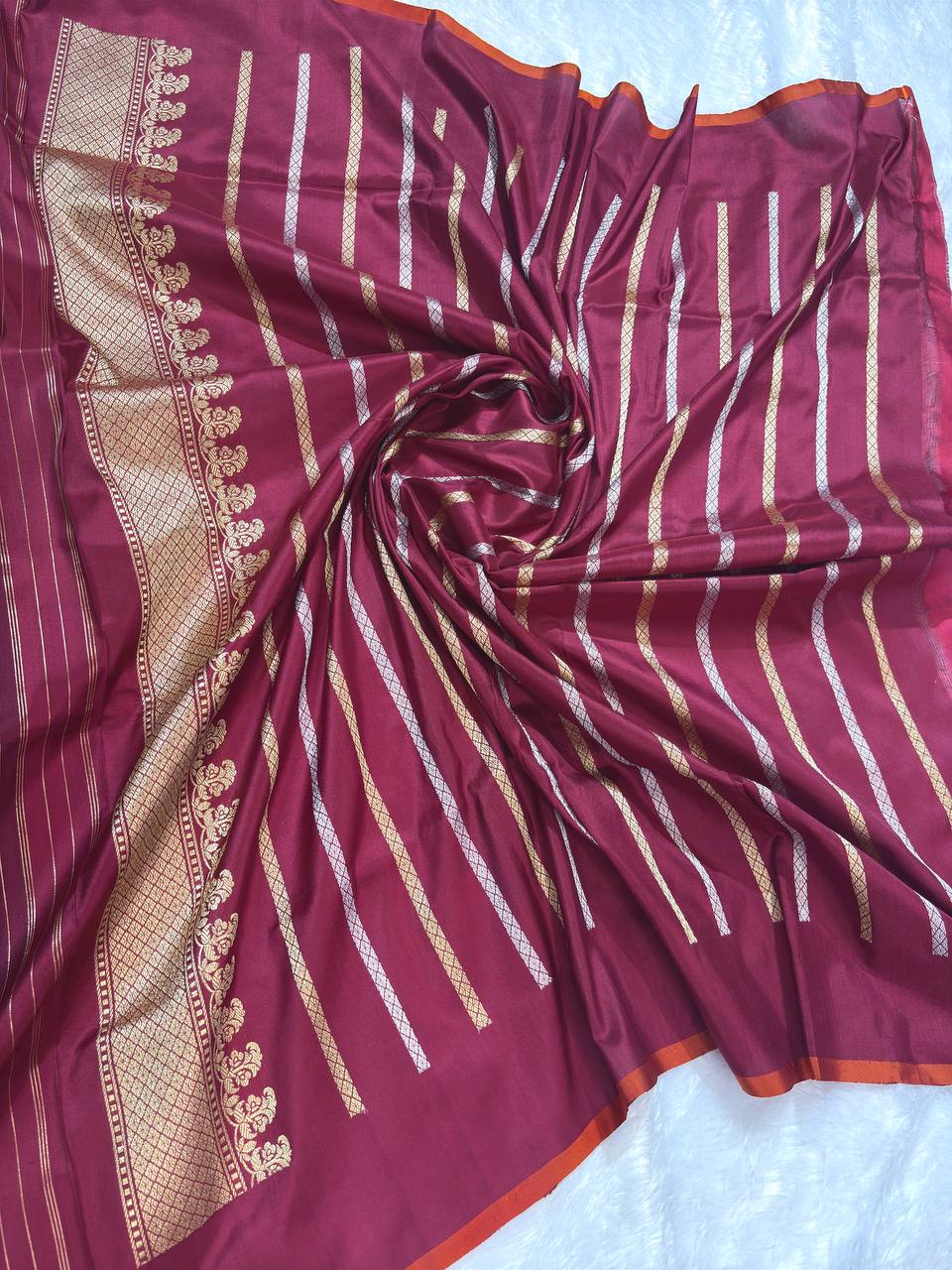 Wine Maroon Pure Katan Silk Saree with Sona-Rupa Floral Butas and Meenakari Border