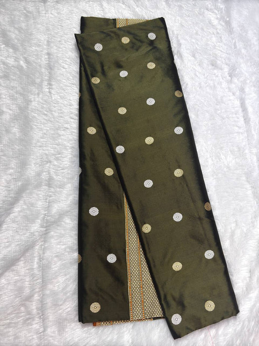 Olive Military Green Pure Katan Silk Saree with Sona-Rupa Ashrafi Butas and Contrast Orange Pallu