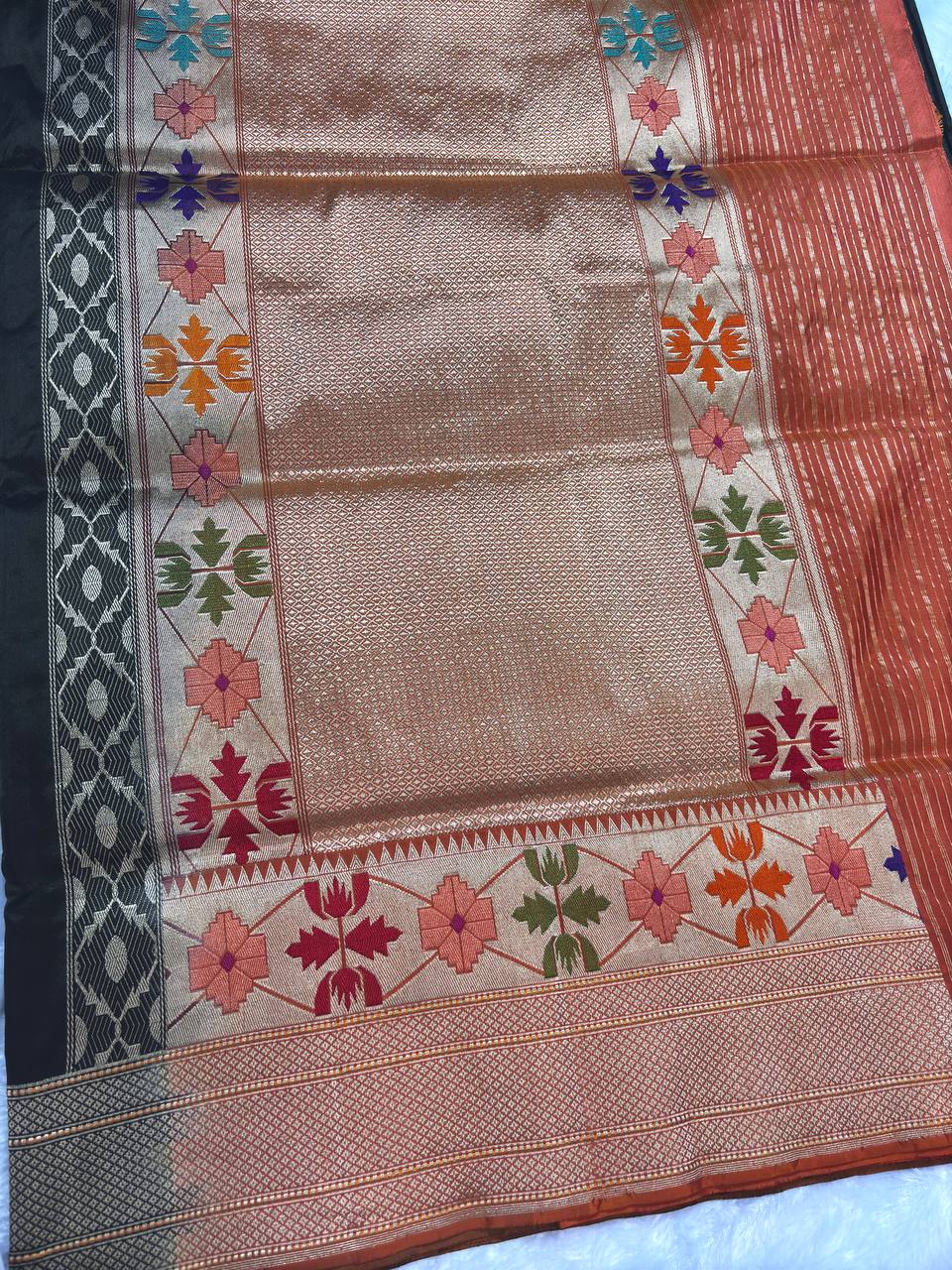 Olive Military Green Pure Katan Silk Saree with Sona-Rupa Ashrafi Butas and Contrast Orange Pallu