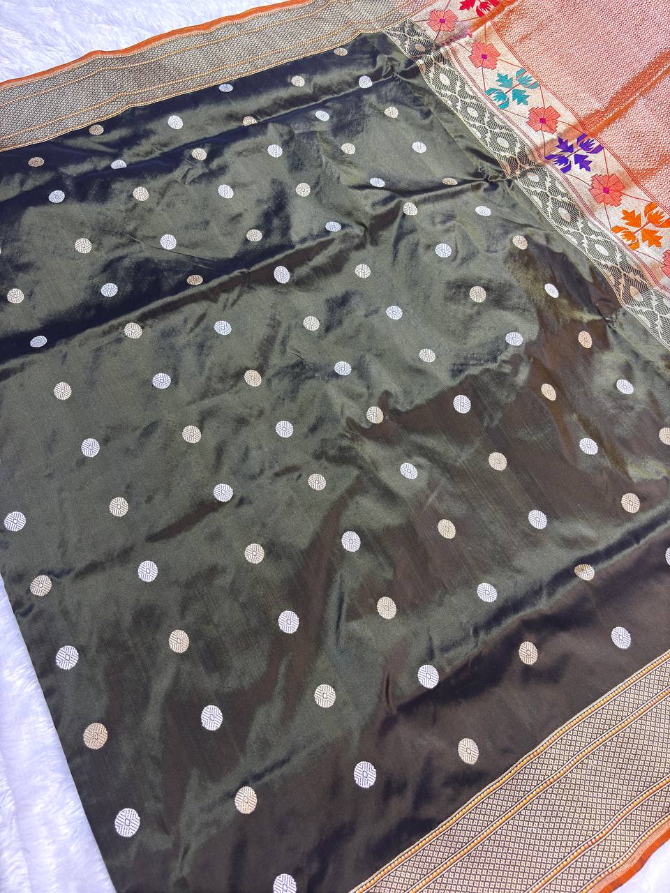 Olive Military Green Pure Katan Silk Saree with Sona-Rupa Ashrafi Butas and Contrast Orange Pallu