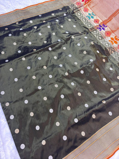 Olive Military Green Pure Katan Silk Saree with Sona-Rupa Ashrafi Butas and Contrast Orange Pallu