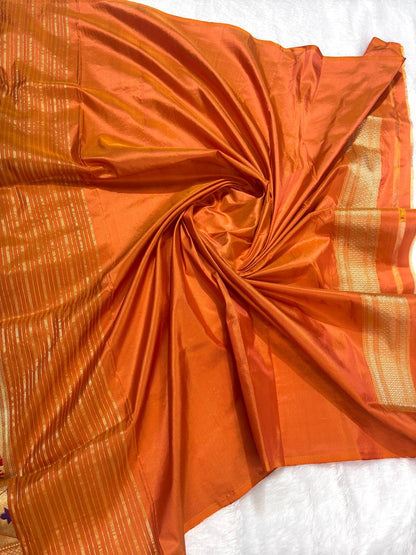 Olive Military Green Pure Katan Silk Saree with Sona-Rupa Ashrafi Butas and Contrast Orange Pallu