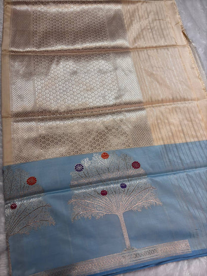 Cream Ivory Pure Katan Silk Saree with Powder Blue Kalpavriksha Border and Silver Zari Pallu