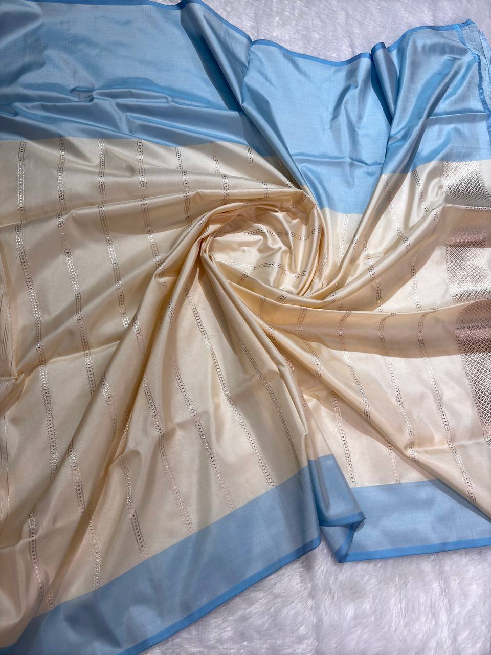 Cream Ivory Pure Katan Silk Saree with Powder Blue Kalpavriksha Border and Silver Zari Pallu