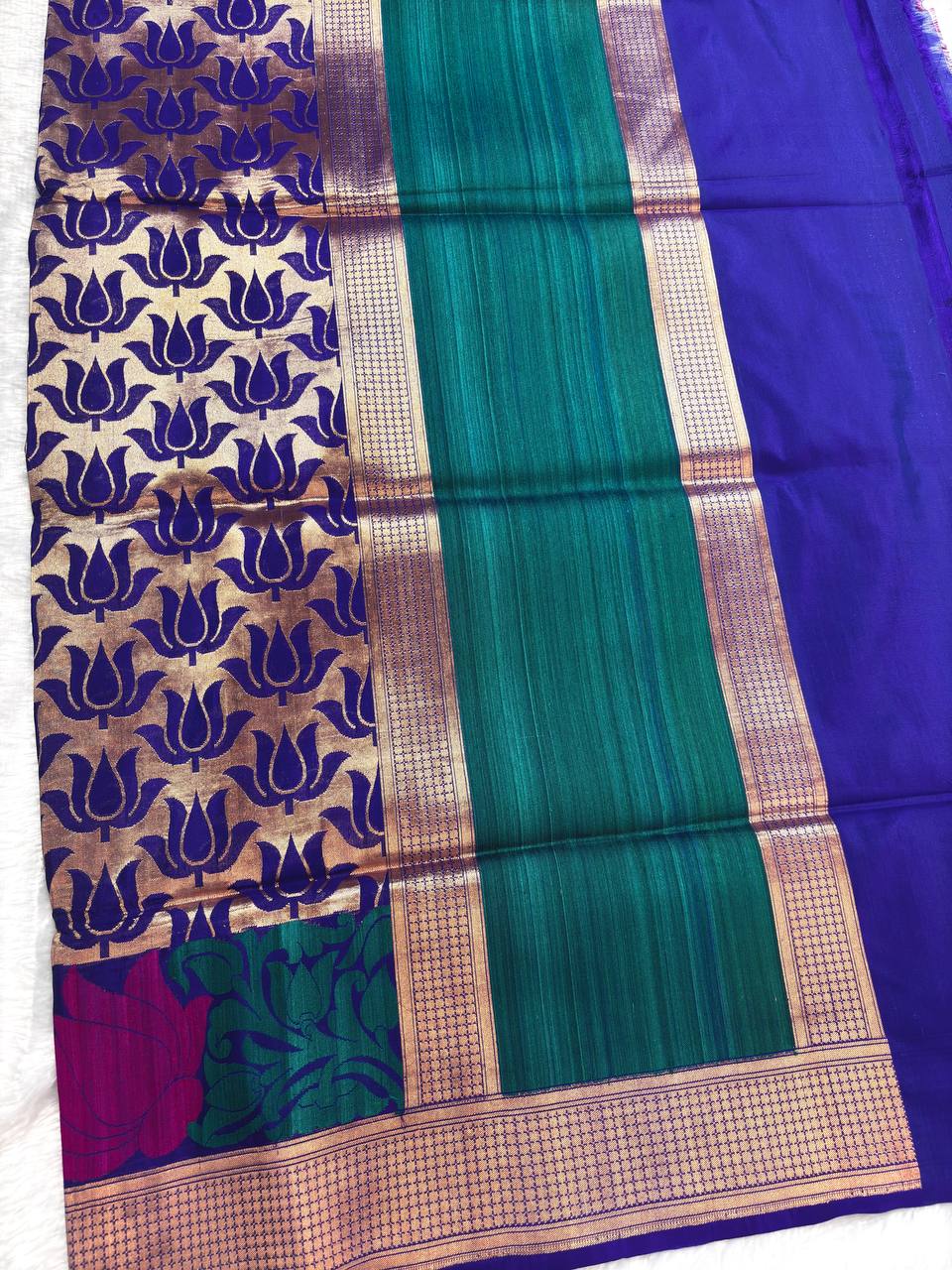 Royal Indigo Blue Pure Katan Silk Saree with Kadwa Lotus Jaal and Contrast Teal Border