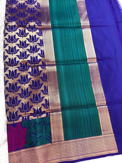 Royal Indigo Blue Pure Katan Silk Saree with Kadwa Lotus Jaal and Contrast Teal Border