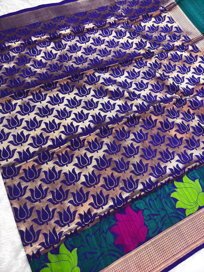 Royal Indigo Blue Pure Katan Silk Saree with Kadwa Lotus Jaal and Contrast Teal Border