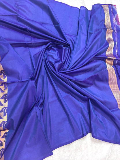 Royal Indigo Blue Pure Katan Silk Saree with Kadwa Lotus Jaal and Contrast Teal Border