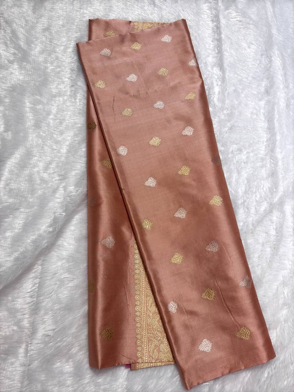 Rose Gold Onion Pink Pure Katan Silk Saree with Sona-Rupa Butas and Khaddi Stripe Pallu