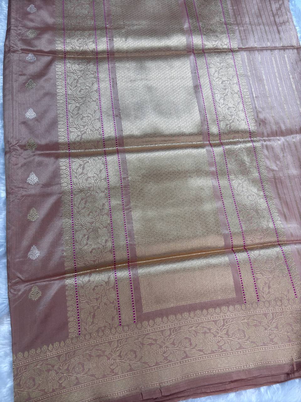 Rose Gold Onion Pink Pure Katan Silk Saree with Sona-Rupa Butas and Khaddi Stripe Pallu