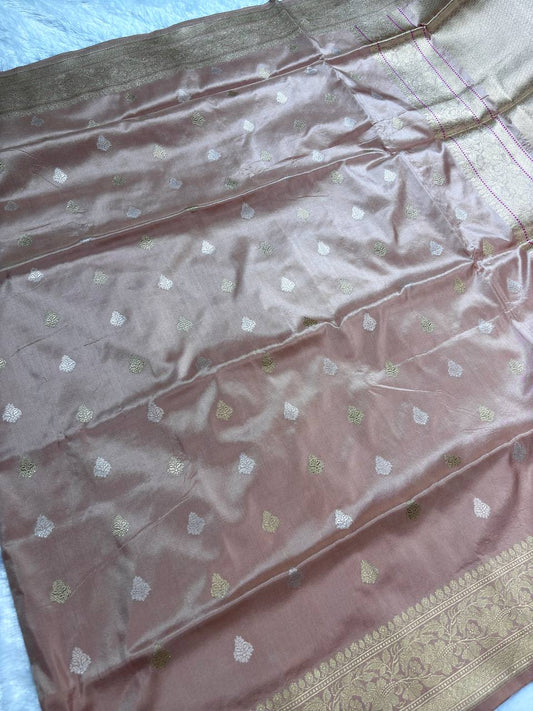 Rose Gold Onion Pink Pure Katan Silk Saree with Sona-Rupa Butas and Khaddi Stripe Pallu