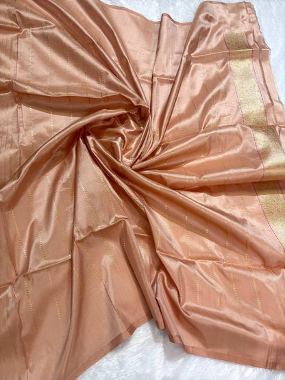 Rose Gold Onion Pink Pure Katan Silk Saree with Sona-Rupa Butas and Khaddi Stripe Pallu