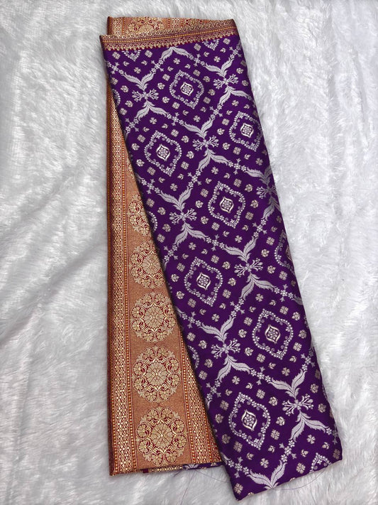 Purple Pure Katan Silk Saree with All-Over Silver Zari Patola Jaal and Contrast Crimson Red Pallu