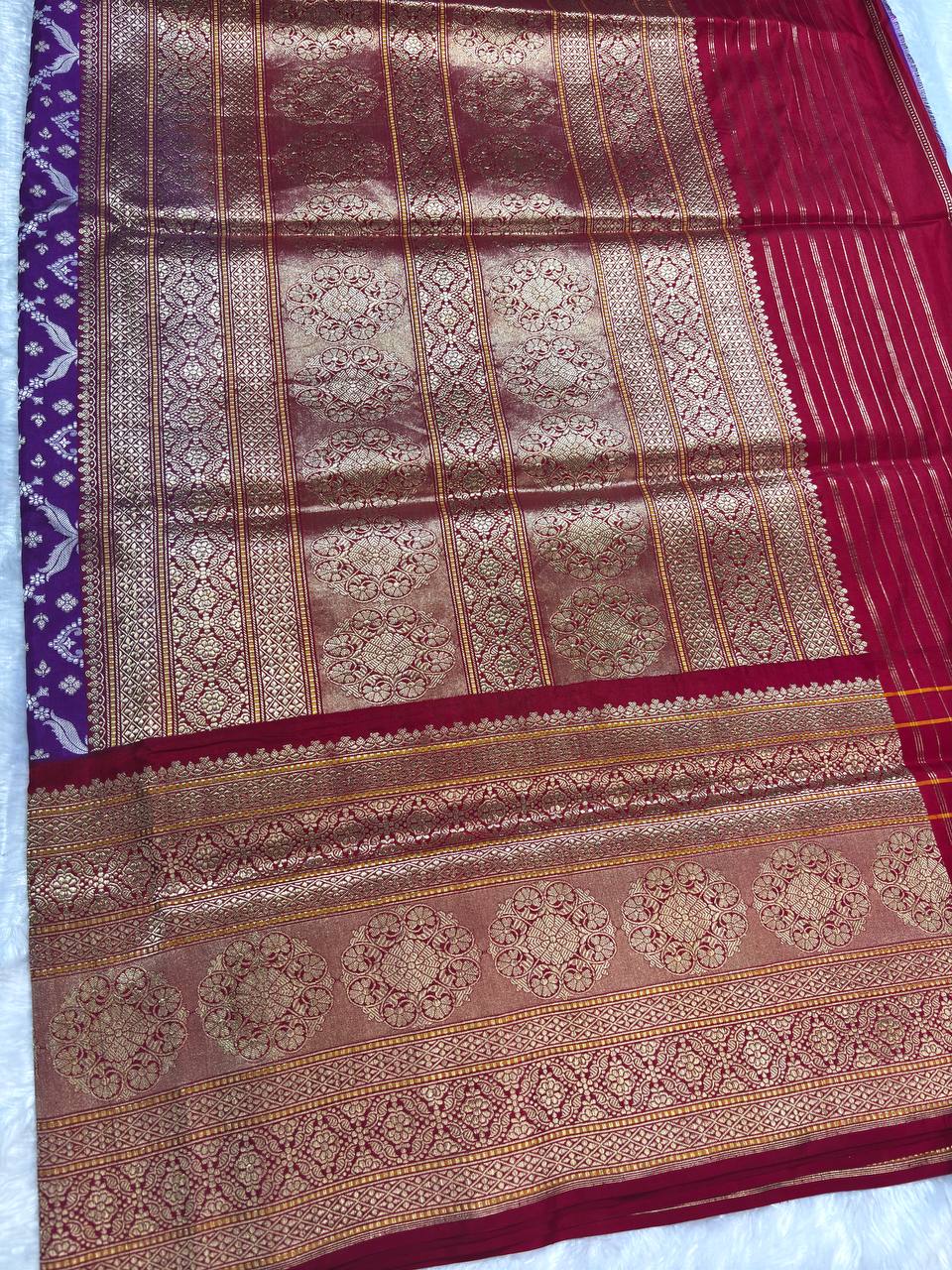 Purple Pure Katan Silk Saree with All-Over Silver Zari Patola Jaal and Contrast Crimson Red Pallu