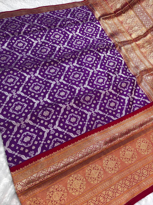 Purple Pure Katan Silk Saree with All-Over Silver Zari Patola Jaal and Contrast Crimson Red Pallu