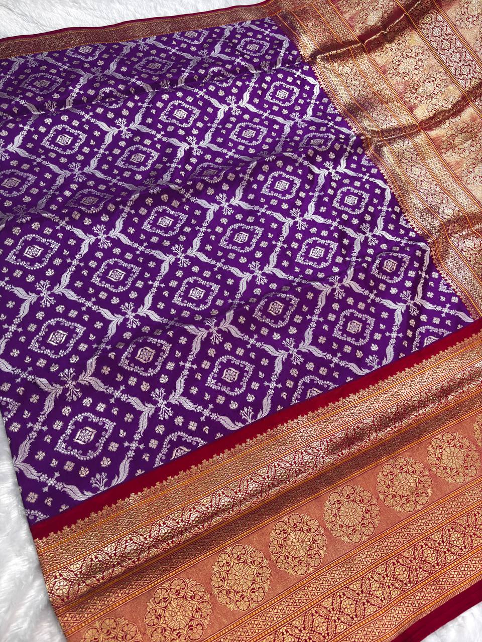 Purple Pure Katan Silk Saree with All-Over Silver Zari Patola Jaal and Contrast Crimson Red Pallu