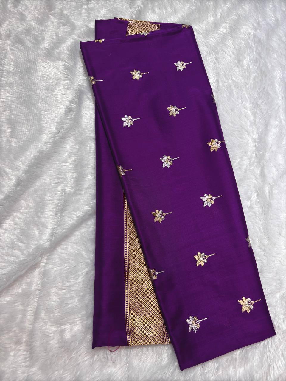 Deep Purple Pure Katan Silk Saree with Sona-Rupa Floral Skirt Border and Zari Pallu
