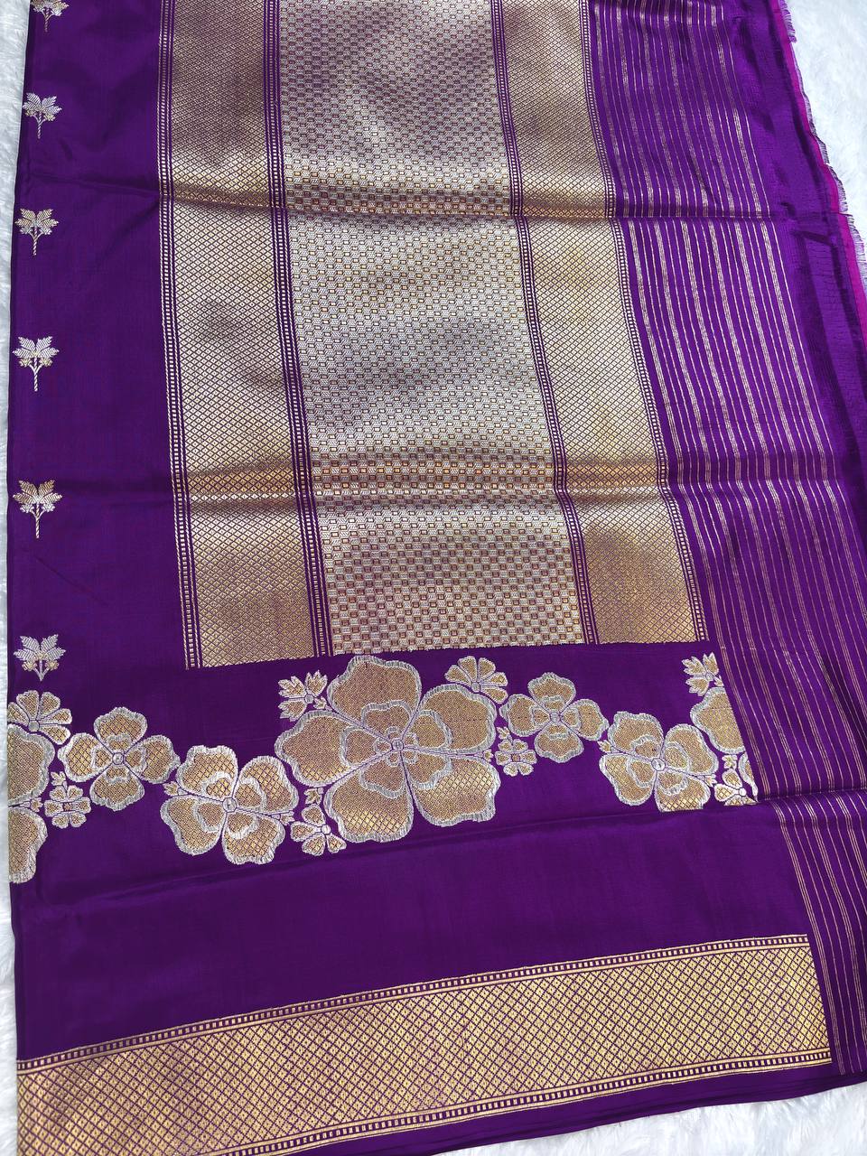 Deep Purple Pure Katan Silk Saree with Sona-Rupa Floral Skirt Border and Zari Pallu
