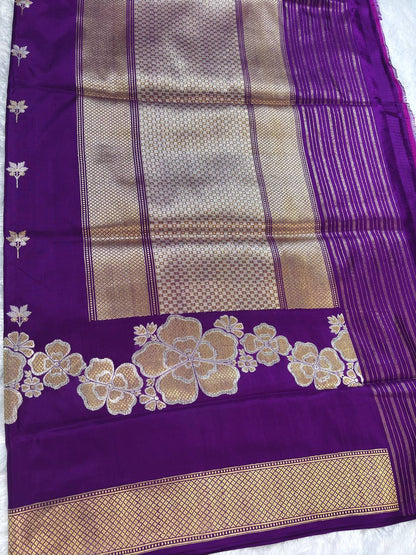 Deep Purple Pure Katan Silk Saree with Sona-Rupa Floral Skirt Border and Zari Pallu