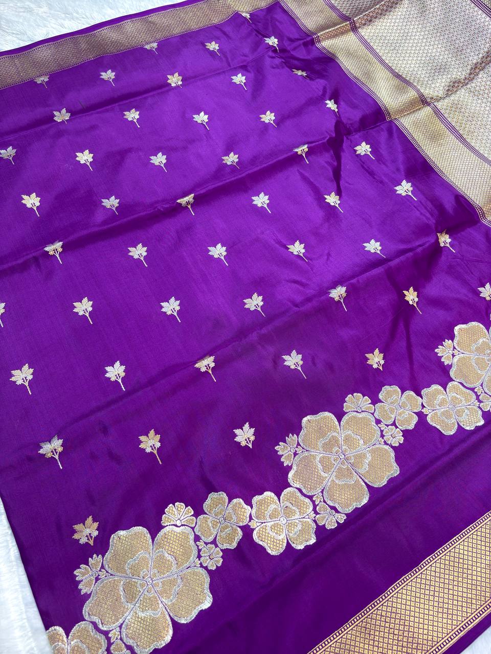 Deep Purple Pure Katan Silk Saree with Sona-Rupa Floral Skirt Border and Zari Pallu