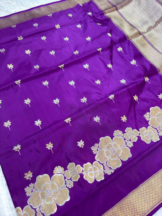 Deep Purple Pure Katan Silk Saree with Sona-Rupa Floral Skirt Border and Zari Pallu