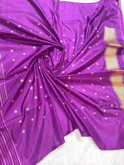 Deep Purple Pure Katan Silk Saree with Sona-Rupa Floral Skirt Border and Zari Pallu