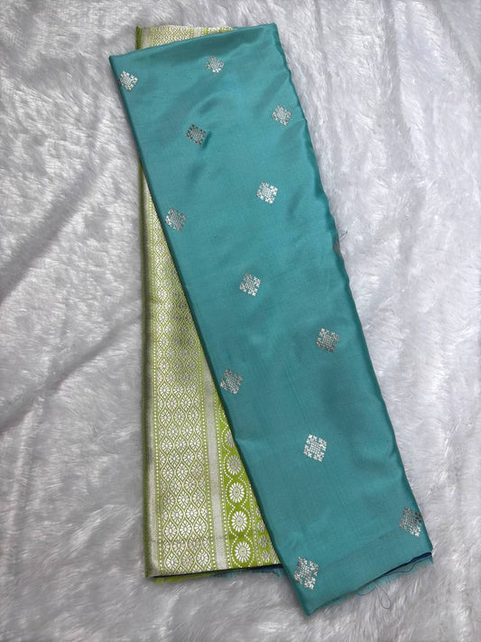 Firoza Sky Blue Pure Katan Silk Saree with Lime Green Contrast Border and Silver Zari Pallu