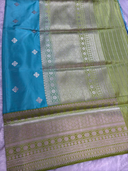 Firoza Sky Blue Pure Katan Silk Saree with Lime Green Contrast Border and Silver Zari Pallu