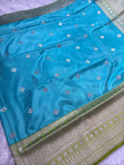 Firoza Sky Blue Pure Katan Silk Saree with Lime Green Contrast Border and Silver Zari Pallu