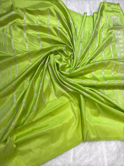 Firoza Sky Blue Pure Katan Silk Saree with Lime Green Contrast Border and Silver Zari Pallu