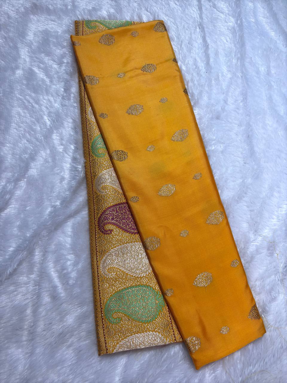 Mustard Yellow Pure Katan Silk Saree with Sona-Rupa Butas and Multi-Color Kalka Border