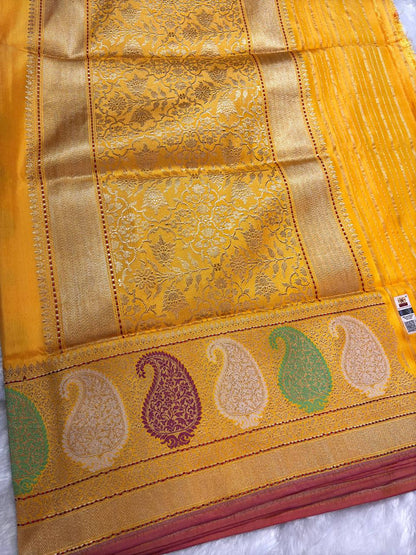 Mustard Yellow Pure Katan Silk Saree with Sona-Rupa Butas and Multi-Color Kalka Border