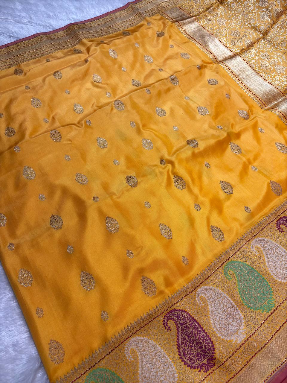 Mustard Yellow Pure Katan Silk Saree with Sona-Rupa Butas and Multi-Color Kalka Border