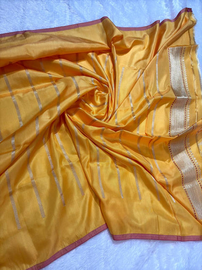 Mustard Yellow Pure Katan Silk Saree with Sona-Rupa Butas and Multi-Color Kalka Border