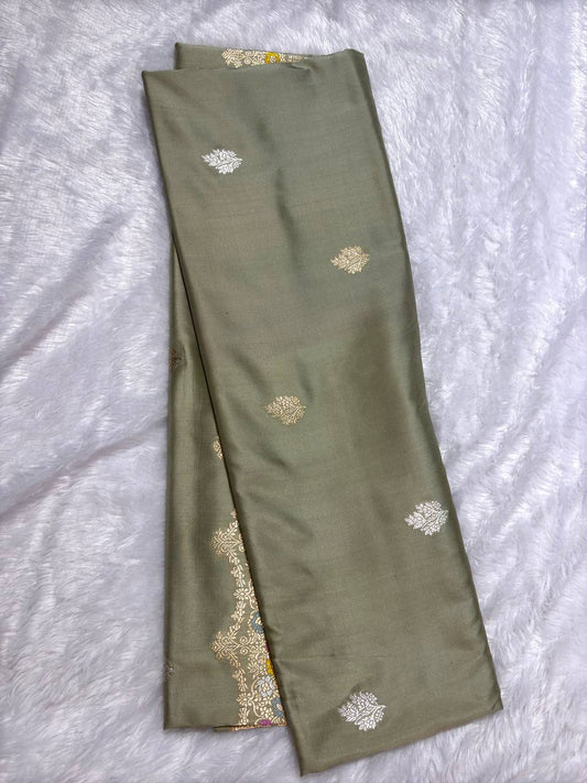 Sage Olive Grey Pure Katan Silk Saree with Sona-Rupa Butas and Pastel Meenakari Jaal Pallu