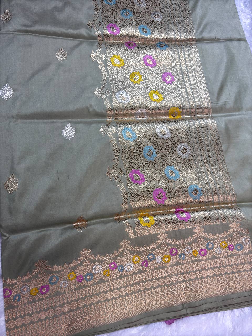 Sage Olive Grey Pure Katan Silk Saree with Sona-Rupa Butas and Pastel Meenakari Jaal Pallu