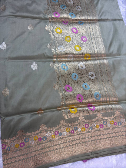 Sage Olive Grey Pure Katan Silk Saree with Sona-Rupa Butas and Pastel Meenakari Jaal Pallu